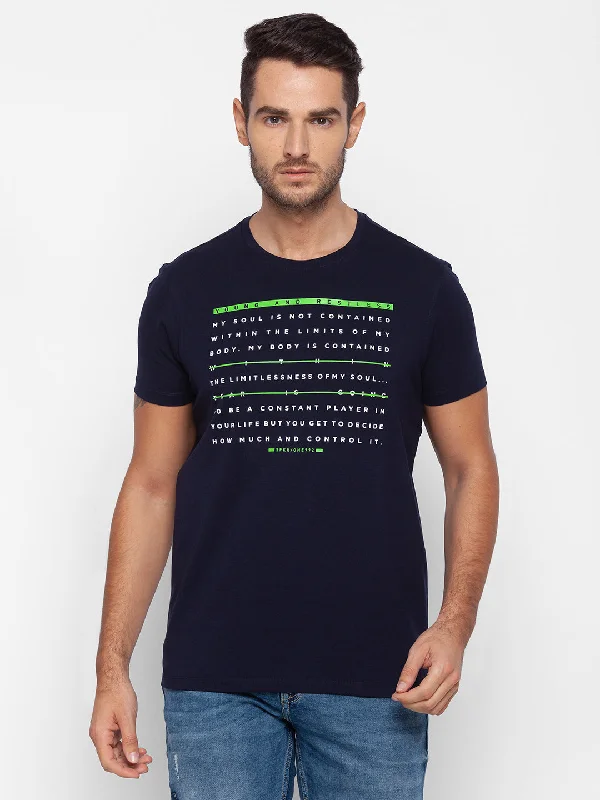 Massive Savings Spykar Men Blue Cotton Slim Fit Round Neck T-Shirt