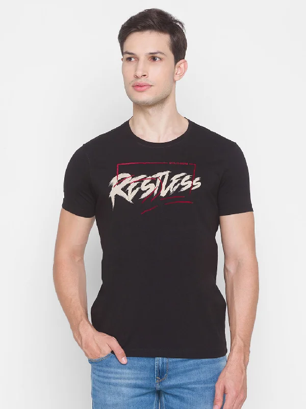 Instant Savings Spykar Men Black Cotton Slim Fit Round Neck T-Shirt