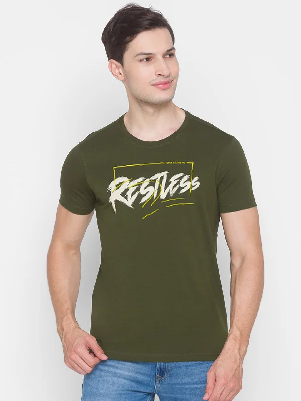 Flash Sale Spykar Men Green Cotton Slim Fit Round Neck T-Shirt