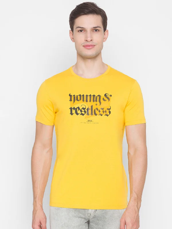 Don't Miss Out Spykar Men Yellow Cotton Slim Fit Round Neck T-Shirt