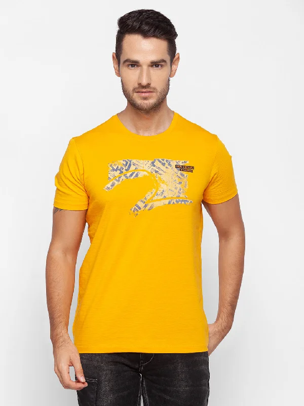 Can't Resist Spykar Men Yellow Cotton Slim Fit Round Neck T-Shirt