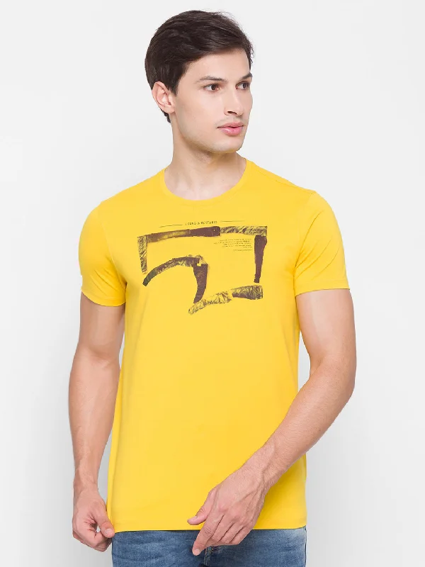 Online Specials Spykar Men Yellow Cotton Slim Fit Round Neck T-Shirt
