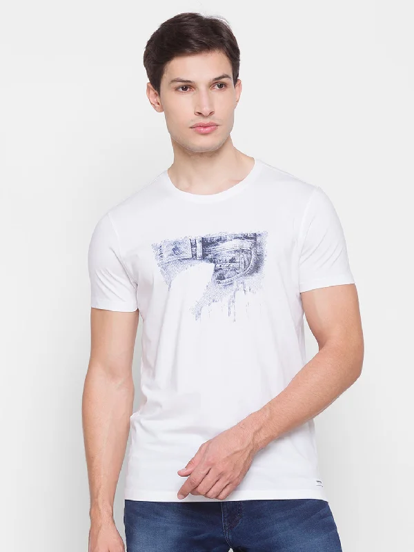 Limited Time Spykar Men White Cotton Slim Fit Round Neck T-Shirt