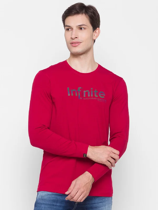 Weekend Deal Spykar Men Red Cotton Slim Fit Round Neck T-Shirt