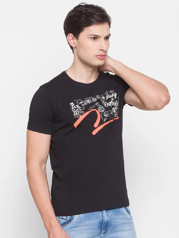 Take Advantage Spykar Men Black Cotton Slim Fit Round Neck T-Shirt