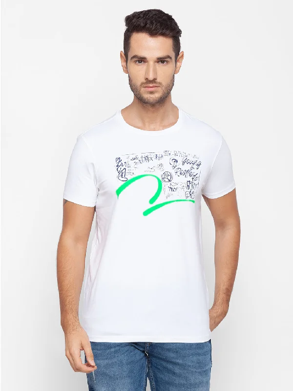 Super Deal Spykar Men White Cotton Slim Fit Round Neck T-Shirt