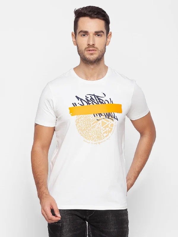 Special Price Spykar Men White Cotton Slim Fit Round Neck T-Shirt