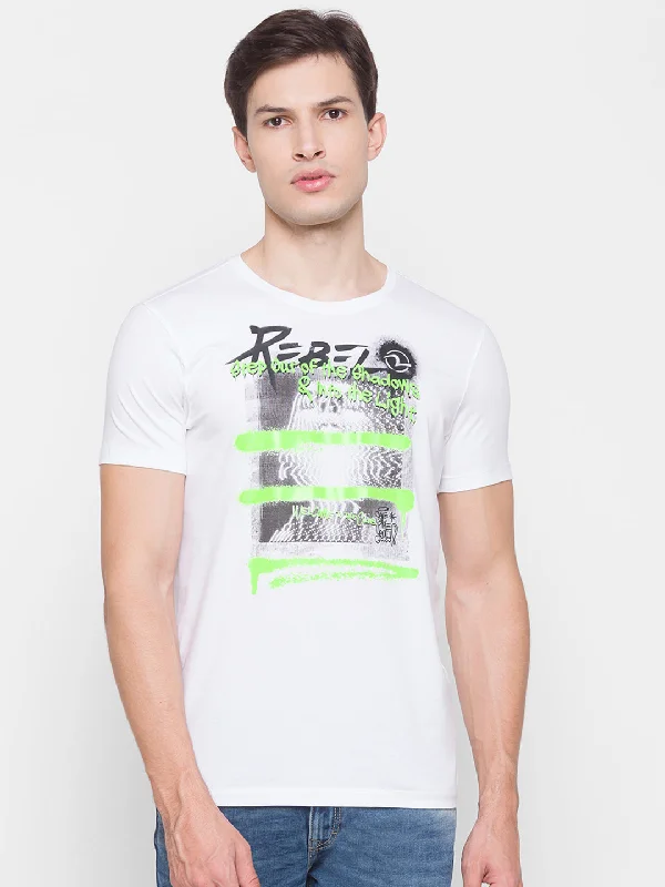 Savings Galore Spykar Men White Cotton Slim Fit Round Neck T-Shirt