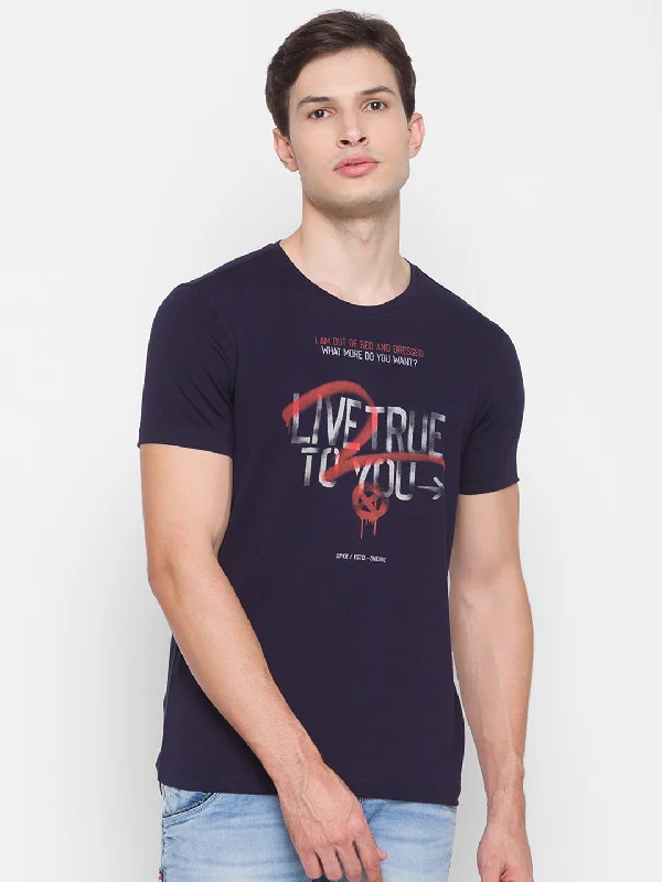 Online Only Spykar Men Blue Cotton Slim Fit Round Neck T-Shirt