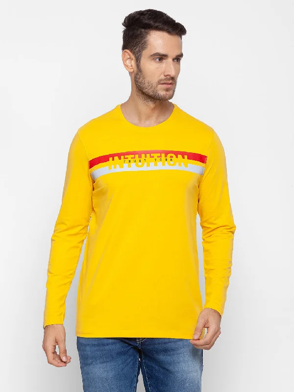 Markdowns Spykar Men Yellow Cotton Slim Fit Round Neck T-Shirt