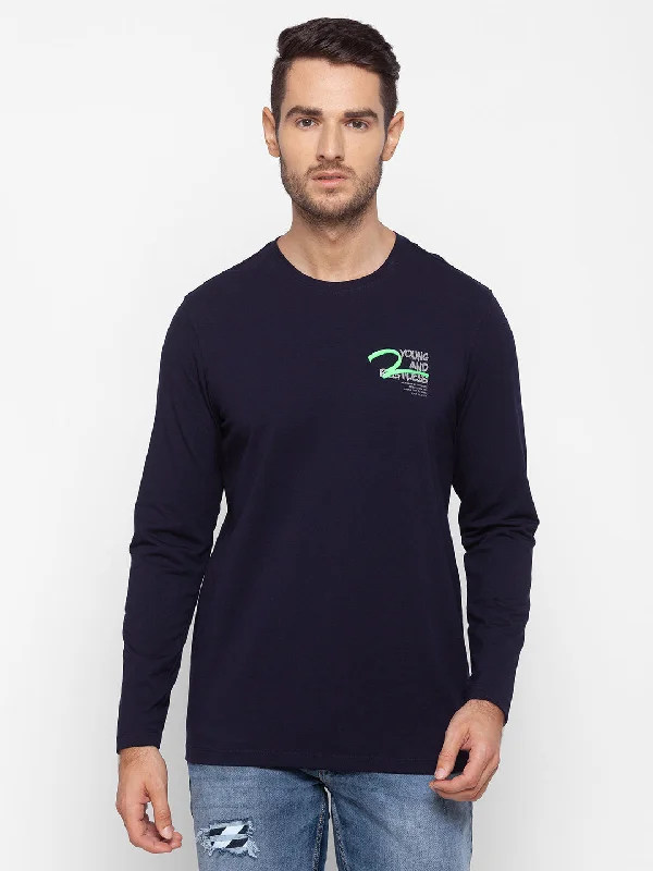 Hurry In Spykar Men Blue Cotton Slim Fit Round Neck T-Shirt