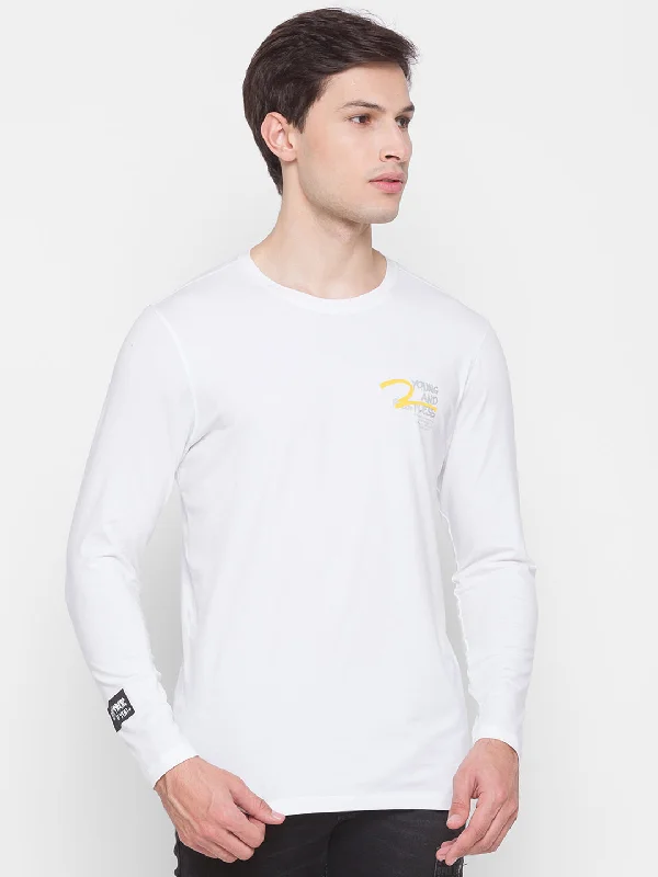 Fantastic Offers Spykar Men White Cotton Slim Fit Round Neck T-Shirt