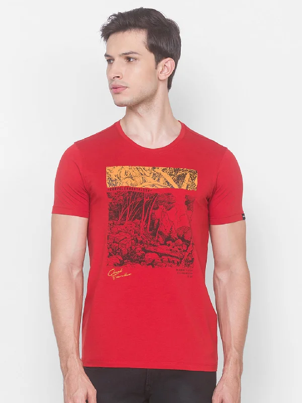 Deal Dash Spykar Men Orange Cotton Slim Fit Round Neck T-Shirt