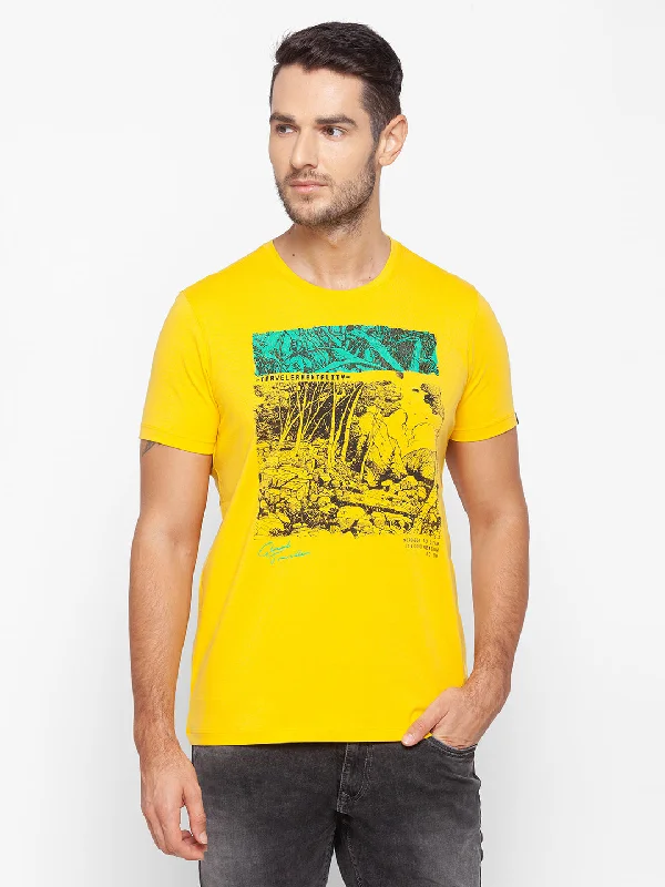 Crazy Deals Spykar Men Yellow Cotton Slim Fit Round Neck T-Shirt