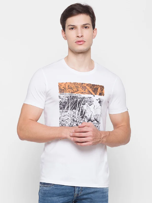 Bonus Savings Spykar Men White Cotton Slim Fit Round Neck T-Shirt