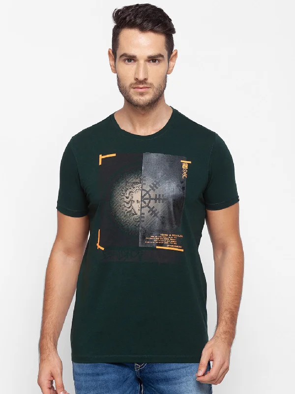 Price Drop Alert Spykar Men Green Cotton Slim Fit Round Neck T-Shirt