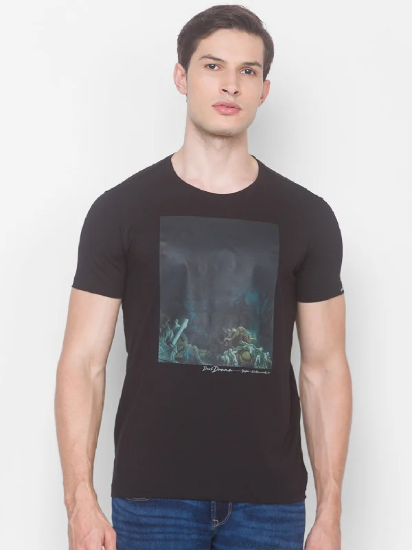 Discount Days Spykar Men Black Cotton Slim Fit Round Neck T-Shirt