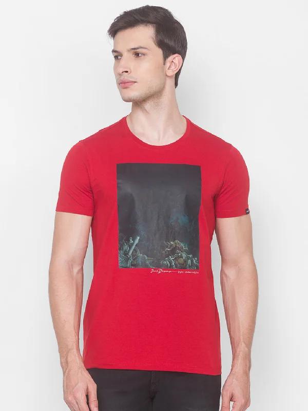 Deal Explosion Spykar Men Orange Cotton Slim Fit Round Neck T-Shirt