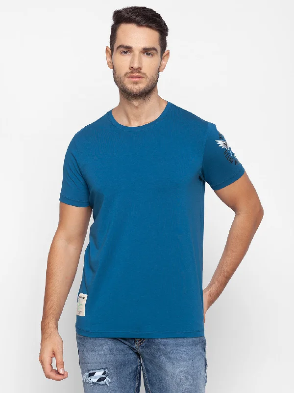 Overstock Sale Spykar Men Blue Cotton Slim Fit Round Neck T-Shirt