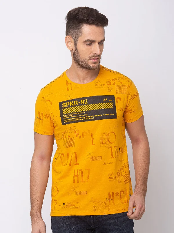 Blowout Sale Spykar Men Yellow Cotton Slim Fit Round Neck T-Shirt