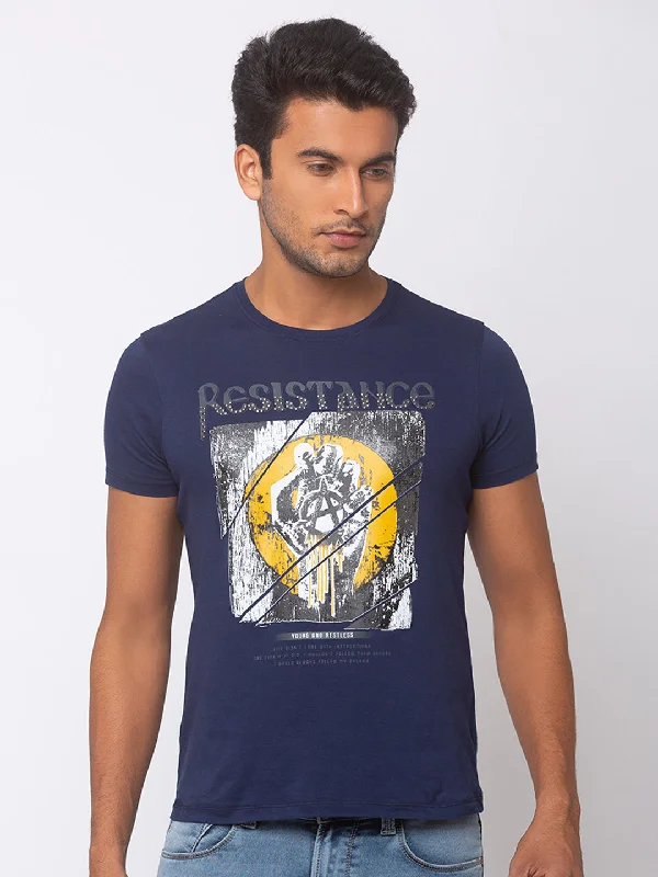 Sneak Peek Sale Spykar Men Blue Cotton Slim Fit Round Neck T-Shirt