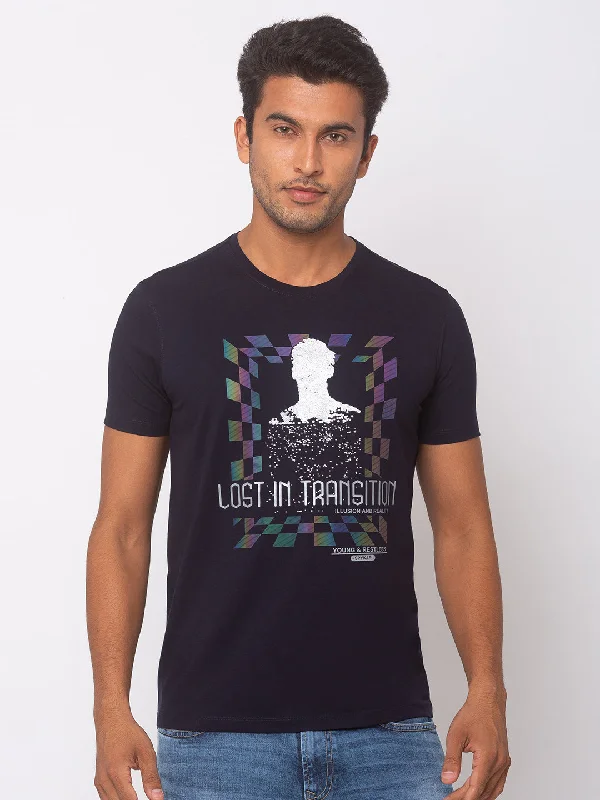 Instant Savings Spykar Men Blue Cotton Slim Fit Round Neck T-Shirt