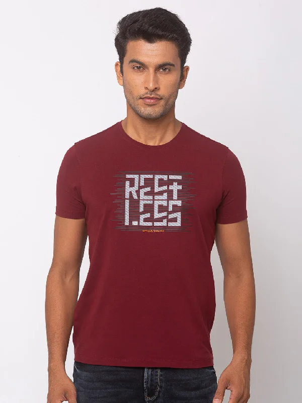New Arrival Spykar Men Red Cotton Slim Fit Round Neck T-Shirt