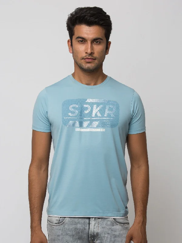 Year-End Sale Spykar Men Powder Blue Blended Slim Fit T-Shirt