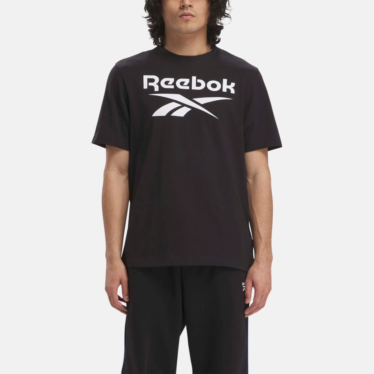 Deep Discounts REEBOK MEN'S IDENTITY BIG STACKED LOGO BLACK TEE