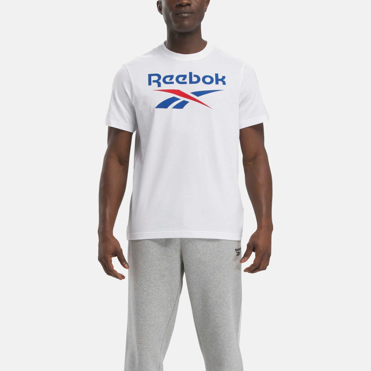 Huge Discounts REEBOK MEN'S IDENTITY BIG STACKED LOGO WHITE TEE